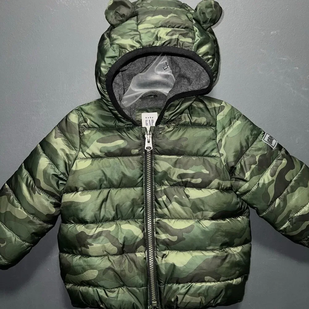 Baby GAP Puffer Jacket Infants 18-24m Camouflaged Bear Ear Hood Primaloft Green